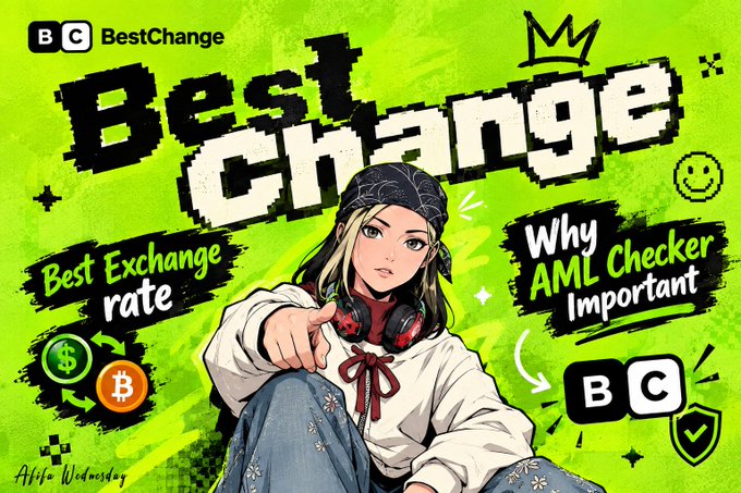 A promotional graphic for BestChange featuring an anime-style character and the text 'Best Change', 'Best Exchange rate', and 'Why AML Checker Important'.