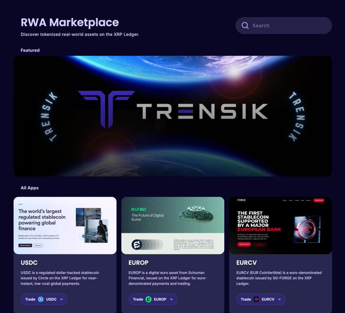 A mobile interface for an 'RWA Marketplace' on the XRP Ledger, featuring a Trensik banner and trading cards for USDC, EUROP, and EURCV stablecoins.