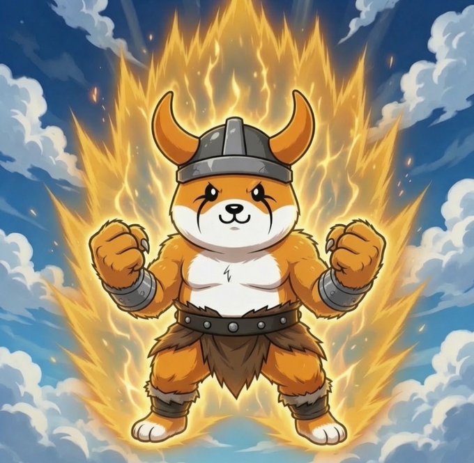 An animated illustration of a Shiba Inu dog dressed as a Viking warrior, wearing a horned helmet and fur tunic, standing in a powerful pose with a fiery golden aura behind it.