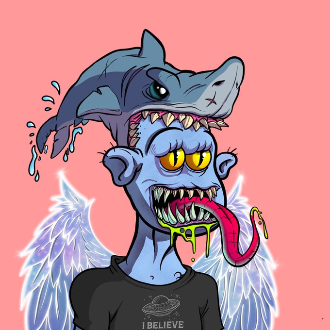 A cartoon-style digital illustration of a blue-skinned figure with angel wings and a t-shirt reading "I BELIEVE," featuring a shark on top of their head and a snake-like tongue extending from their mouth.