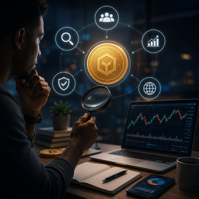 A man analyzes a gold crypto coin with a magnifying glass, surrounded by glowing icons representing people, search, growth, security, and global connectivity, with a laptop showing stock charts beside him.