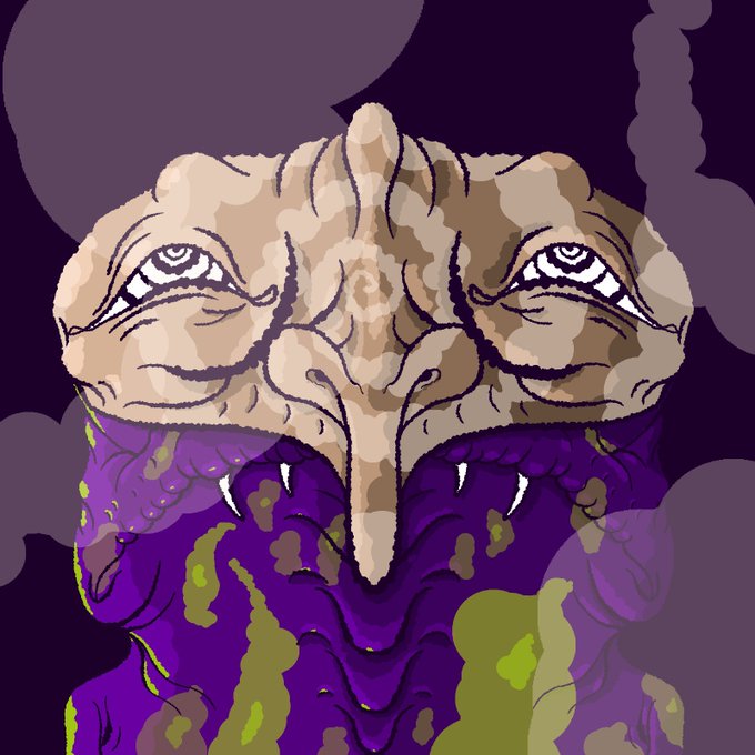 A pixel art illustration of a grotesque, bearded face with a long nose and bulging eyes, dripping with purple and green liquid against a dark background.