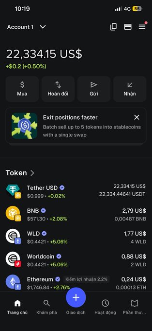 A screenshot of a crypto portfolio app showing a balance of 22,334.15 US$ (+0.50%) with holdings in Tether USD, BNB, WLD (4 WLD), Worldcoin (2 WLD), and Ethereum. The image supports the post by illustrating the user's active crypto investment activity, consistent with their continued purchasing of ITL tokens.