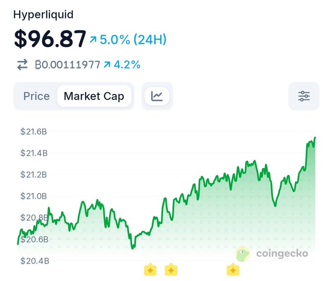 A CoinGecko chart showing Hyperliquid (HYPE) priced at $96.87, up 5.0% in 24H, with market cap around $21.6B trending upward.