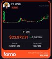 A mobile app screen for Fomo showing a green price chart and ticker data including price $23,972.81, market cap, and supply for a crypto token, with a 'Play Now' button.
