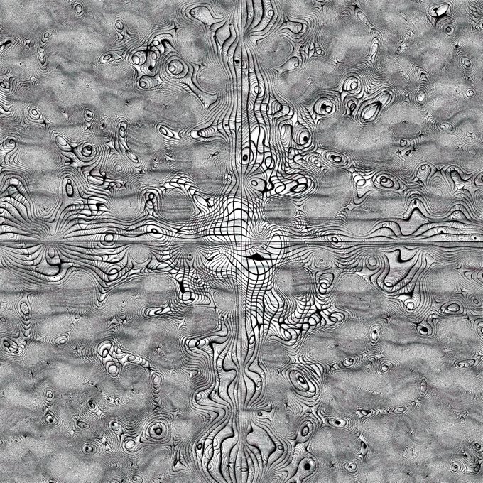 An abstract, monochromatic digital artwork features undulating, topographic-like contour lines that create a mesmerizing, textured pattern resembling a stylized map or alien landscape.