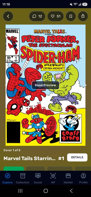A mobile app screenshot of a Marvel comic book cover titled "MARVEL TAILS STARRING... PETER PORKER, THE SPECTACULAR SPIDER-HAM" featuring cartoon animal characters in a superhero scene.