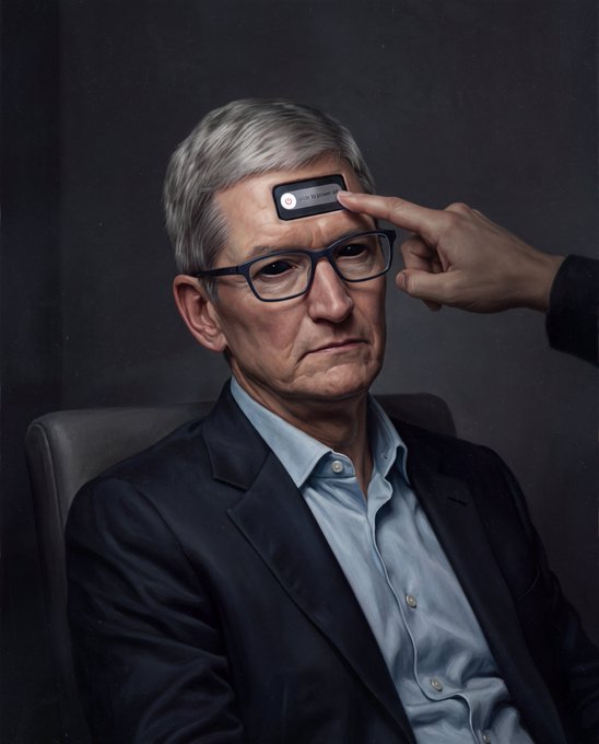 A painted portrait of a gray-haired man in glasses and a suit, while a hand reaches in to peel a notification sticker reading 'Data Breach' off his forehead.