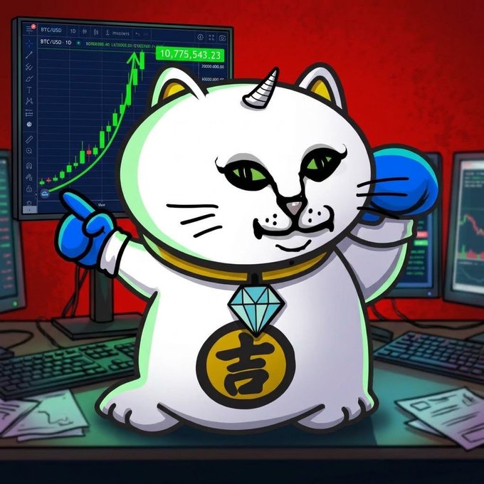 An illustration of a Maneki-neko (lucky cat) wearing a diamond necklace with a '吉' (good fortune) medallion, surrounded by trading screens and charts showing a BTC/USD price of 10,775,543.23.