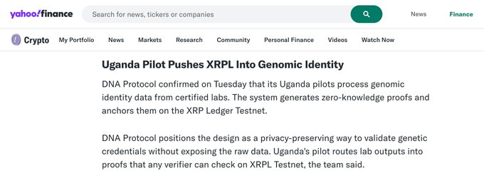 The image shows a webpage with a headline that reads "Just In: Uganda propels the XRP Ledger into the global digital identity spotlight through a live pilot via @DNAOnChain". The text also mentions an article about a pilot project, which is related to the XRP Ledger and genetic identification.!