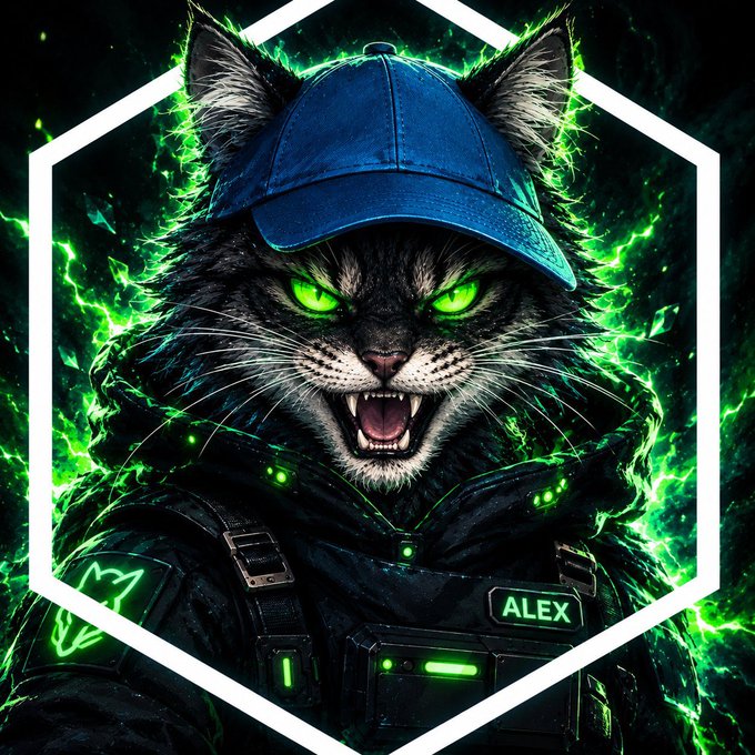 A digital artwork depicts a fierce cat with glowing green eyes wearing a blue cap and tactical gear labeled "ALEX", surrounded by green energy within a hexagonal frame.