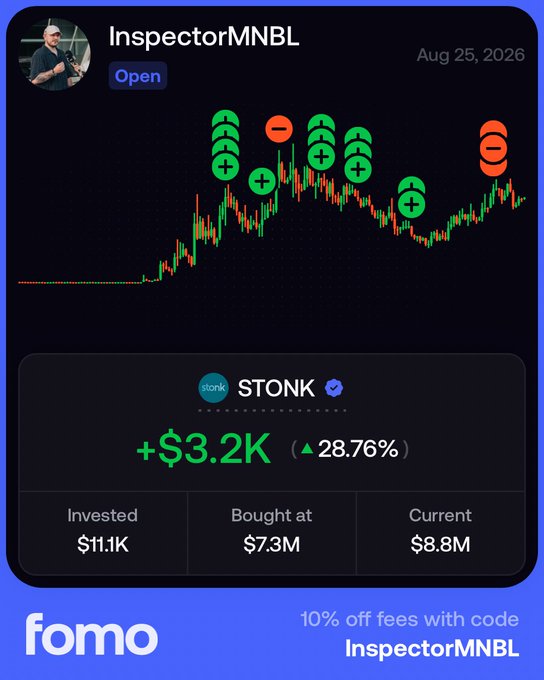 A trading app screenshot showing user 'InspectorMNBL' with an open position in 'STONK' up 28.76% (+$3.2K), invested $11.1K bought at $7.3M market cap, current $8.8M, dated Aug 25, 2026, with a FOMO promo code 'InspectorMNBL' for 10% off fees.