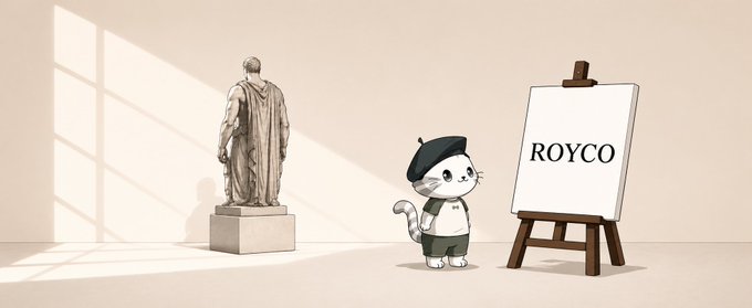 An illustrated scene shows a cartoon cat wearing a beret standing between a classical statue on a pedestal and a sign reading 'ROYCO' on an easel, illuminated by sunlight streaming through a window.