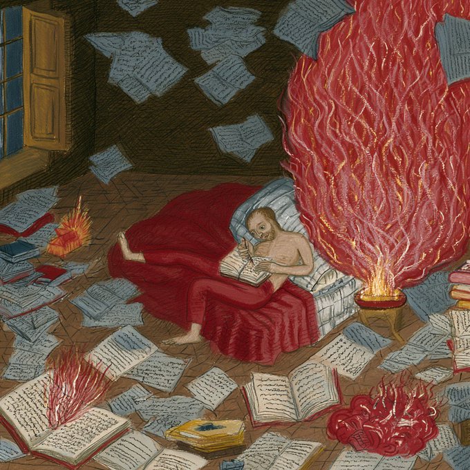 This surreal illustration depicts a man writing in a room filled with burning papers and books, representing the overwhelming nature of producing 63 posts in a single day. The intense flames symbolize the creative process and the sheer volume of work.