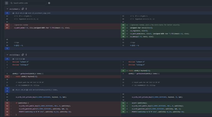 A code diff screenshot showing changes to Zilliqa's `src/scworker.cpp` and `src/utility.cpp` files, specifically adding signature validation (`cs.verify_sig`) and `pubKeyId` keyword handling to address a vulnerability that had been live since August 23, 2019.
