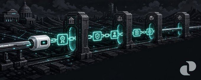A dark digital illustration showing glowing teal chain links passing through futuristic pillars with icons for identity, security, users, and documents, symbolizing blockchain technology.