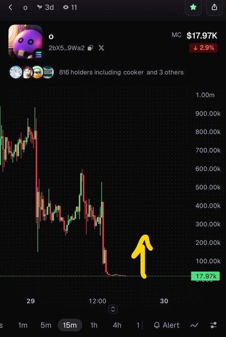 A cryptocurrency chart showing a token with address starting '2bX5...9Wa2' priced at $17.97K, down 2.9%, with a dramatic price crash and a yellow hand-drawn arrow pointing to the sharp decline; 816 holders shown including 'cooker and 3 others'.