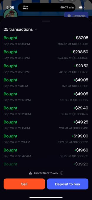 A mobile app screen displays a transaction history showing 25 'Bought' entries with various crypto amounts (like '+ $87.05', '+ $298.50') and token quantities, with 'Sell' and 'Deposit to buy' buttons at the bottom.
