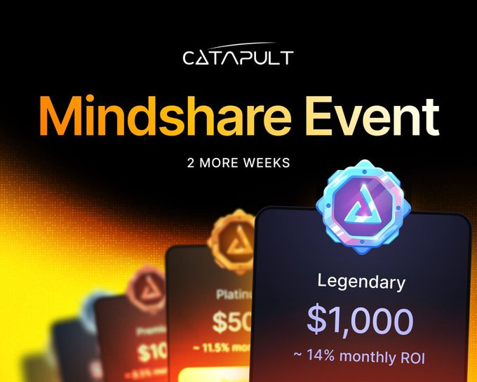 An advertisement for the 'CATAPULT Mindshare Event' ending in 2 more weeks, displaying NFT-style tiered rewards including a 'Legendary' tier at $1,000 (~14% monthly ROI) and Platinum tier at $500.