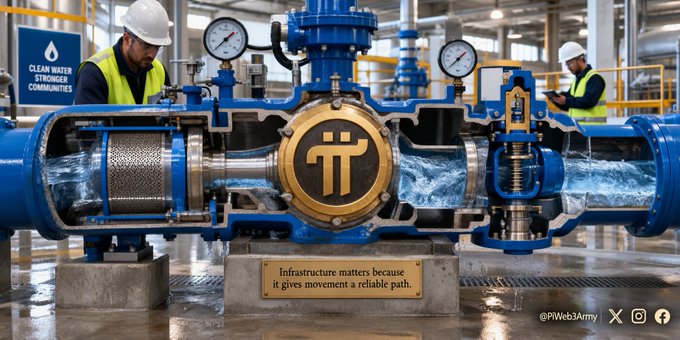An industrial photograph shows two workers in hard hats inspecting large blue water pipes and valves featuring the Pi Network logo, with a sign reading "CLEAN WATER STRONGER COMMUNITIES" and a plaque stating "Infrastructure matters because it gives movement a reliable path."