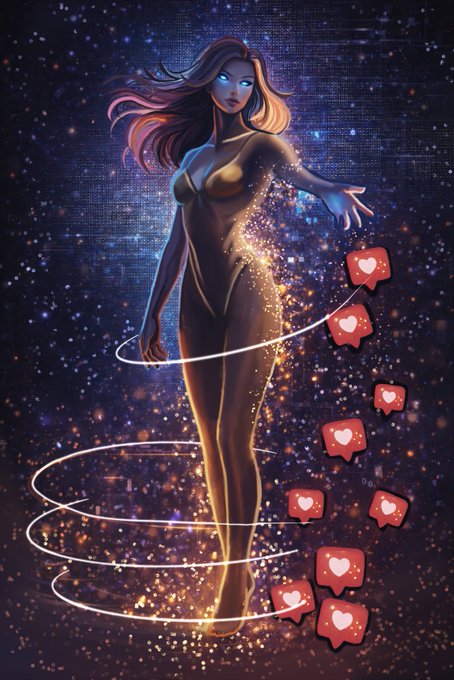 A stylized digital illustration of a woman in a metallic gold outfit surrounded by floating hearts and sparkling light rings against a starry cosmic background.