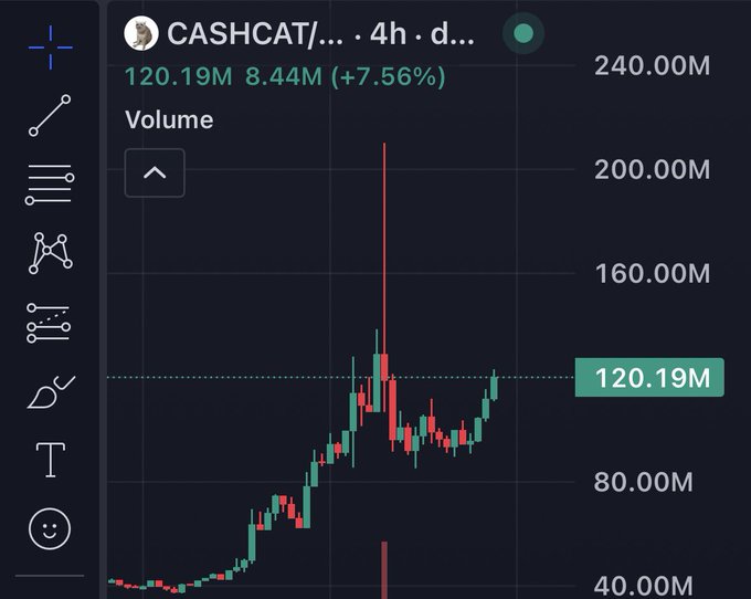 A dark-themed trading chart for CASHCAT/... showing a 4-hour timeframe with a price of 120.19M and a +7.56% gain.