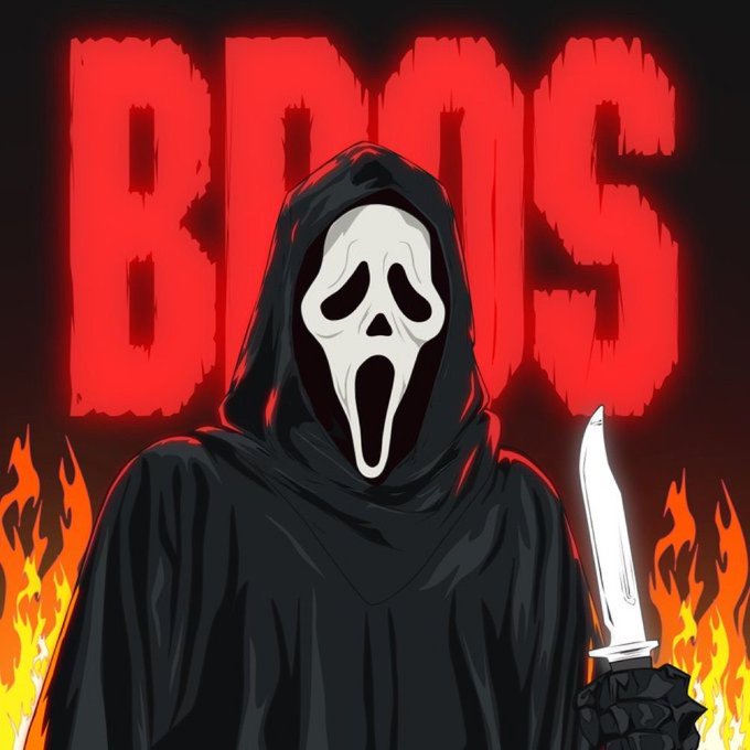 Graphic illustration of the Ghostface character from 'BLO9' (a play on 'Bros') movie wearing the iconic black hooded robe and holding a knife against a red background with flames.