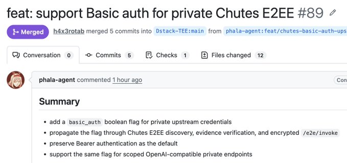 A GitHub pull request titled 'feat: support Basic auth for private Chutes E2EE #89' merged by h4x3rotab into Dstack-TEE:main, detailing a summary about adding basic_auth boolean flag for private upstream credentials.