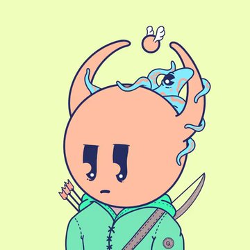 A cartoon illustration of a horned character with a blue creature on its head and tears in its eyes, holding a bow and arrows against a yellow background.