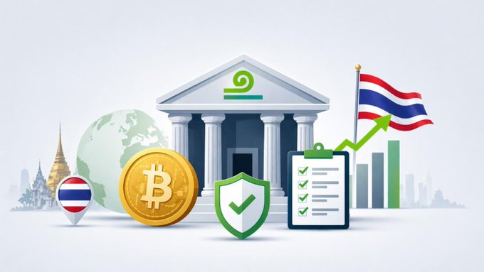 A 3D-style illustration depicting a Thai bank building with a Bitcoin coin, security shield, checklist, and the Thai flag with a rising graph.
