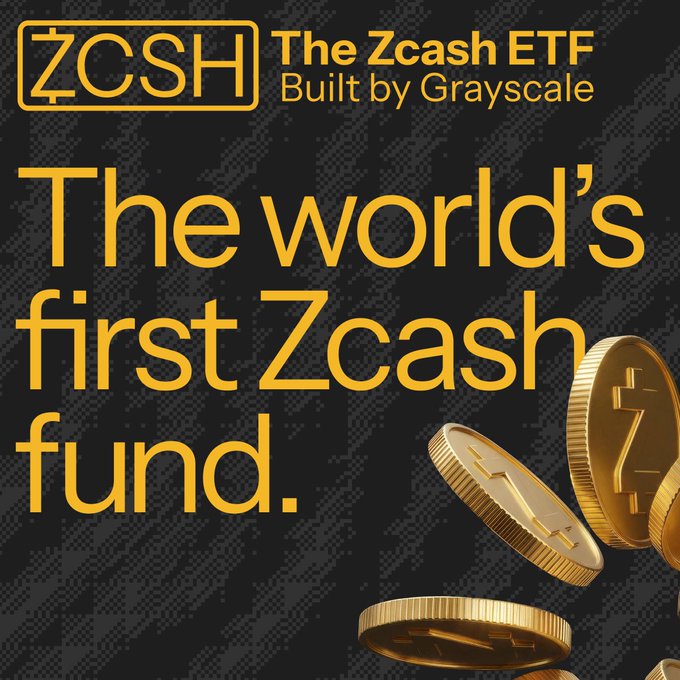 A Grayscale ZCSH advertisement promoting 'The world's first Zcash fund' with gold Zcash coins against a dark background.