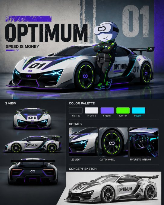 A futuristic racing-themed promotional graphic for "OPTIMUM" featuring a sleek white race car with "01" branding and a driver in a matching helmet, alongside color palettes, detail callouts (LED Light, Custom Wheel, Futuristic Interior), and a concept sketch—the speed-and-racing motif visually reinforcing the post's emphasis on Optimum's blazing-fast 150ms block propagation time.
