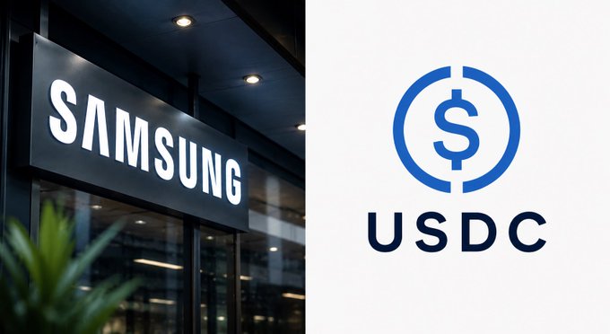 A split image showing the illuminated Samsung store sign on the left and the blue USDC (USD Coin) cryptocurrency logo on the right against a white background.