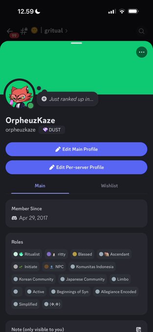 A Discord profile screenshot of "OrpheuzKaze" (gritual_) on the Ritual server, showing membership since April 29, 2017 and roles including Ritualist, Initiate, and NPC, visually supporting the claim about grinding the Ritualist role for potential airdrops.