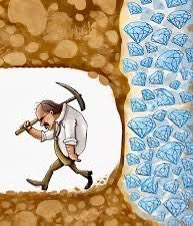 A cartoon miner with a pickaxe chips away at a rock face filled with sparkling blue diamonds, symbolizing the futile pursuit of crypto wealth. The image visually reinforces the post's joke about abandoning the "gold rush" mentality after missing out on crypto gains.