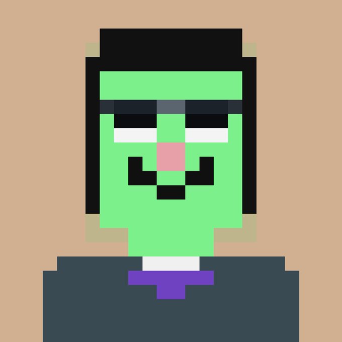 A pixel art portrait of a Frankenstein-style monster with green skin, black hair, white eyes, a pink nose, and a purple tie against a peach background.