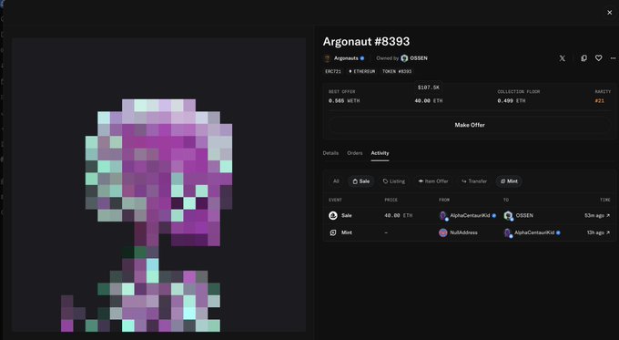 A pixelated purple and teal character NFT called "Argonaut #8393" is displayed on a marketplace page showing a price of 40.00 ETH and a rarity score of #21.