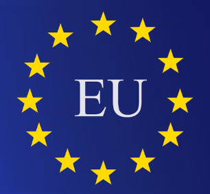 The European Union flag is shown, featuring a circle of twelve yellow stars on a blue background with the letters 'EU' in the center.