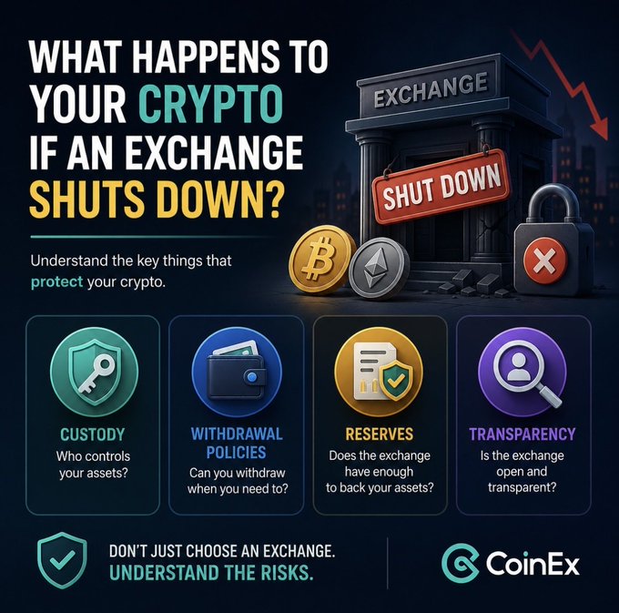 An infographic from CoinEx titled 'WHAT HAPPENS TO YOUR CRYPTO IF AN EXCHANGE SHUTS DOWN?' listing four key considerations: Custody, Withdrawal Policies, Reserves, and Transparency.