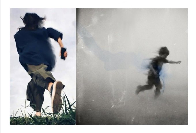 A side-by-side comparison showing motion blur imagery: on the left, a person running through grass holding a phone, and on the right, a silhouetted figure moving through a foggy or hazy environment.