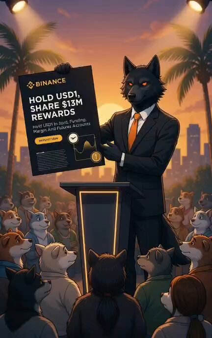 The main focus of the image is an illustration featuring a man in business attire standing at a podium giving a speech with various dogs present around him. One dog even has its head tilted up towards the speaker's face, as if listening intently or waiting for his turn to speak. This scene appears to be part of a Binance advertisement showcasing their USD1 airdrop program and encouraging users to spread the word about it. The illustration includes a note that reads "Hold $USD1/WLFI rewards", which suggests that those who participate in the WLFI token distribution campaign can receive rewards for spreading awareness about the program.