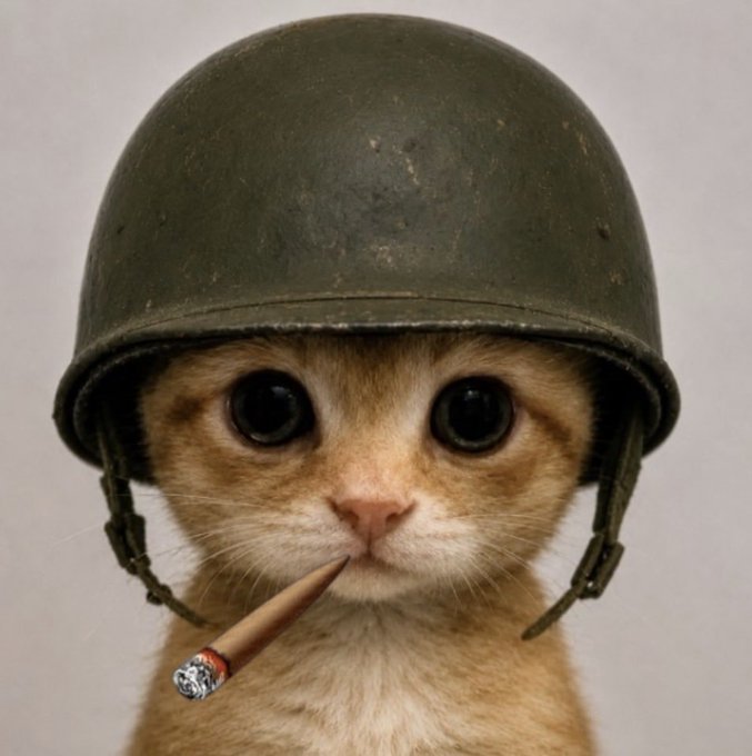 A close-up of a small orange tabby kitten wearing an oversized olive green military helmet and holding a lit cigarette in its mouth.