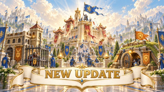 A grand fantasy kingdom with a majestic golden castle, royal banners, and armored knights stands beneath a banner reading "NEW UPDATE," visually announcing the latest XLords game patch featuring a Prison, Shelter, Garrison, performance upgrades, and Kingdom War features.