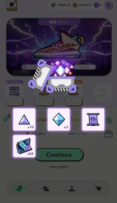 A mobile game screen showing a Runner loot box reward containing gems, items, and a sneaker NFT on a lightning-themed background, with a Continue button.
