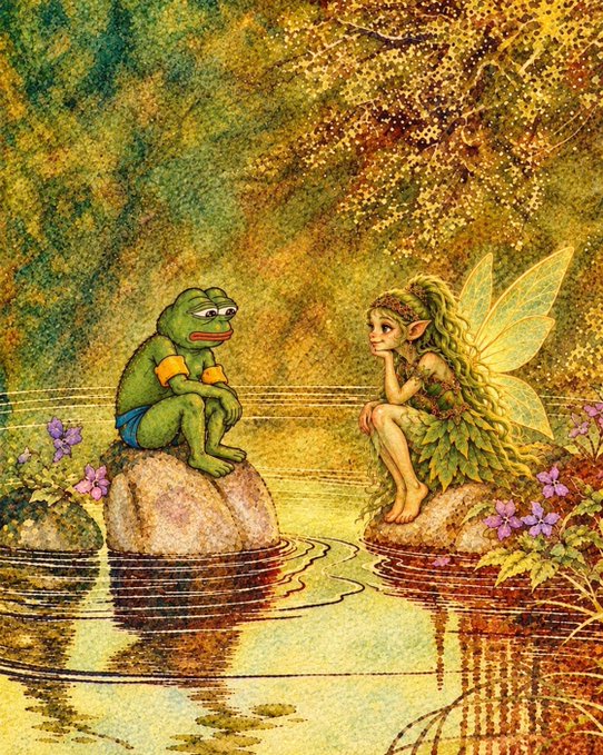 An illustration showing a melancholy Pepe the Frog sitting on a rock opposite a green-haired fairy by a pond in a forest setting.