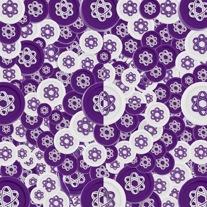 A densely packed, repeating pattern features white and purple plates or discs, each emblazoned with a stylized atom or orbital symbol.