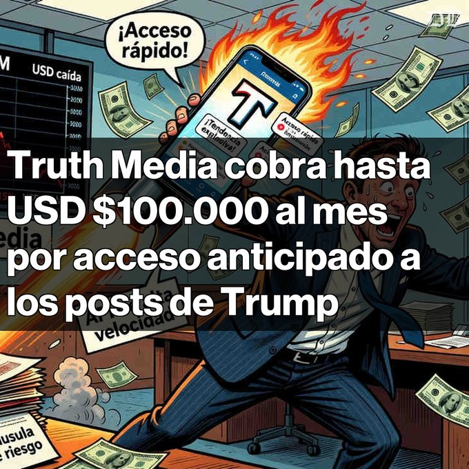 An illustrated scene shows a man in a suit frantically holding a flaming smartphone displaying "T" with the text "¡Acceso rápido!" in a speech bubble, as dollar bills fly around a chaotic office setting featuring a "USD caída" chart and "velocidad" papers, overlaid with the headline "Truth Media cobra hasta USD $100.000 al mes por acceso anticipado a los posts de Trump," visually emphasizing the high-stakes, frenzied trading of early access to Trump's Truth Social posts.