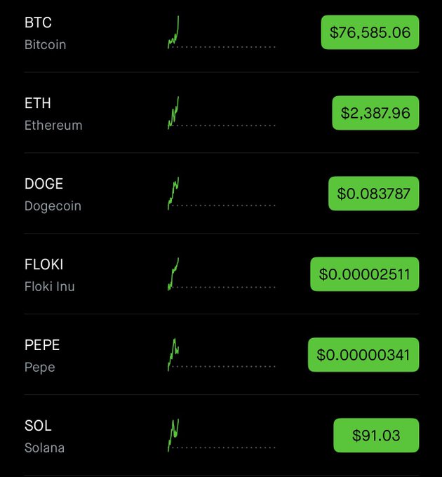 A cryptocurrency price tracker displays Bitcoin ($76,585.06), Ethereum ($2,387.96), Dogecoin ($0.083787), Floki Inu ($0.00002511), Pepe ($0.00000341), and Solana ($91.03), all showing upward green charts that visually reinforce the post's metaphor of a refreshing rain after a long drought.