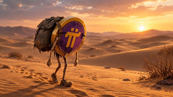 A weathered traveler with a large purple coin bearing the "π" (Pi) symbol treks alone across a vast desert at sunset, mirroring the post's depiction of Pi Network's journey as a long, solitary expedition focused not on upcoming DEX, AMM, and smart contract developments from "Protocol 27," but rather on the more enduring value of its real-person identity layer.