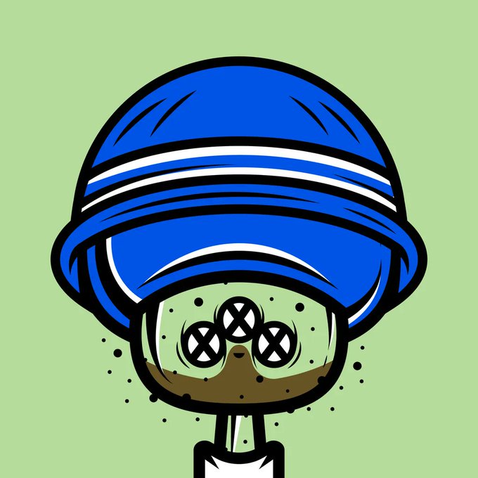 A stylized illustration depicts a green mushroom-like character wearing a large blue cap/helmet with three X-marked circles on its cap, set against a light green background. The cartoonish shroom mascot with dirt splatters visually represents the "shrooms" (mushrooms) collected for "the machine" mentioned in the caption, tying together the monx NFT project with the @xShroomsNFT collection.